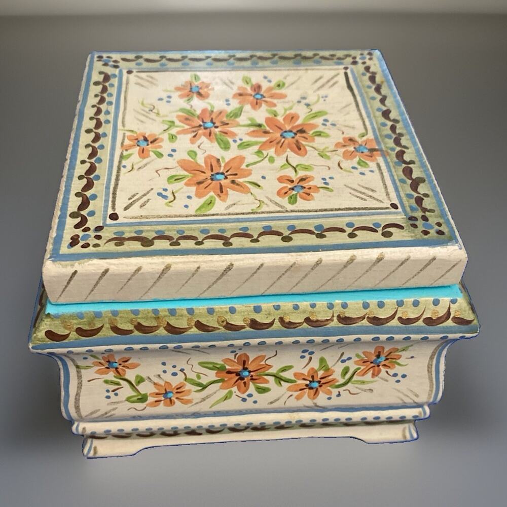 Hand Tole Painted Floral Lacquered Box Trinket/Jewelry Box 5" x 5" x 3.5"